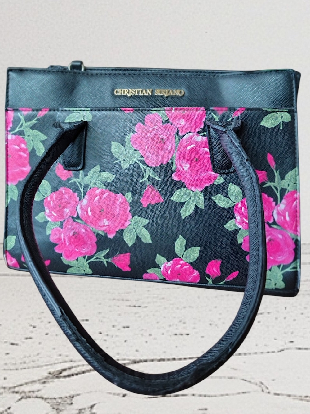 Christian Siriano Black Floral Tote Bag with Pink Roses Womens